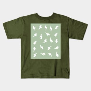 Sage Green and White Lightning, Thunder, Bolts Pattern Kids T-Shirt